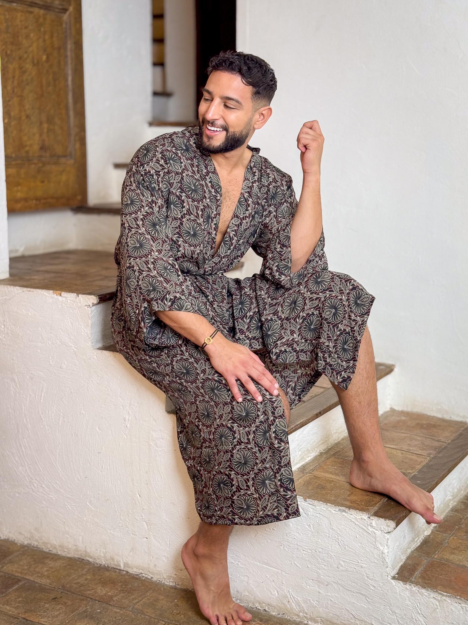 Silk boho men's kimono, kimono for him, silk bathrobe, dressing gown, gift for him