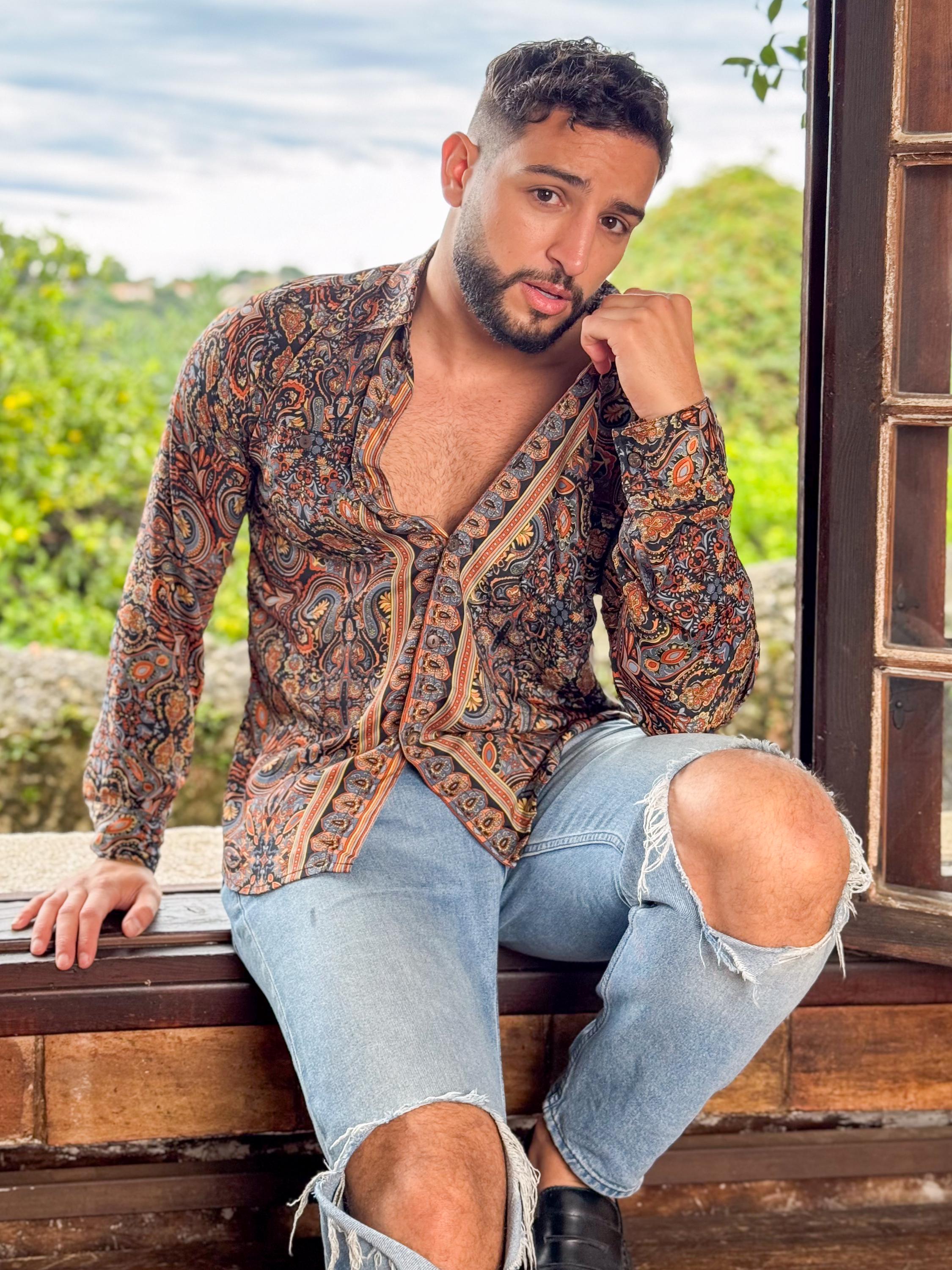 Retro Large French Collar Silk Shirt - Long Sleeve Shirt - Boho Chic Shirt, Vintage Shirt, Men’s Chic Shirt