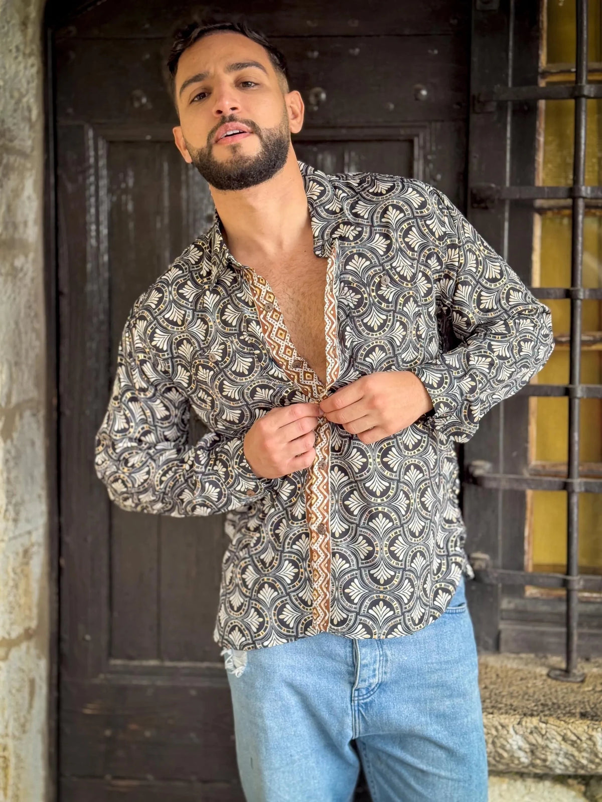 Retro Large French Collar Silk Shirt - Long Sleeve Shirt - Boho Chic Shirt, Vintage Shirt, Men’s Chic Shirt
