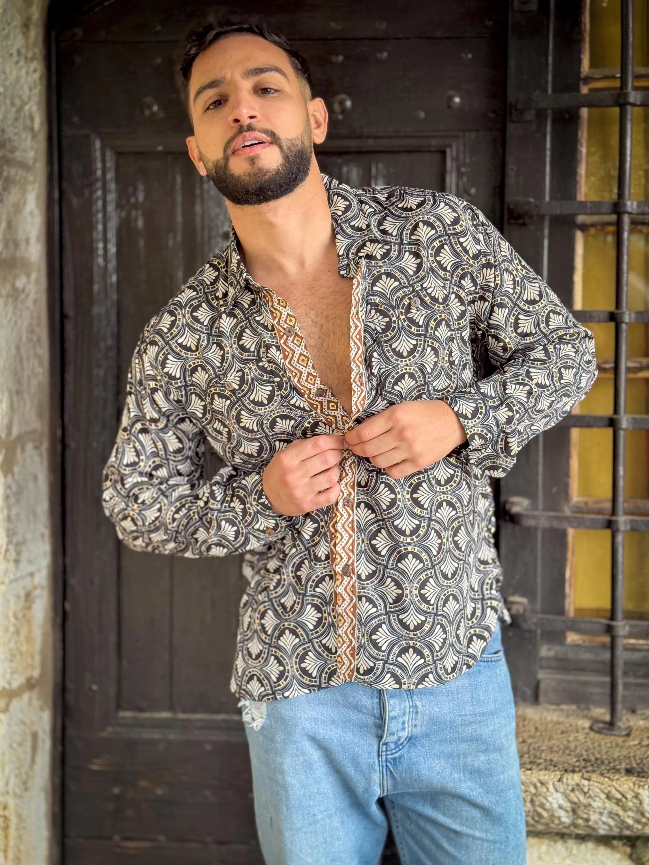 Retro Large French Collar Silk Shirt - Long Sleeve Shirt - Boho Chic Shirt, Vintage Shirt, Men’s Chic Shirt