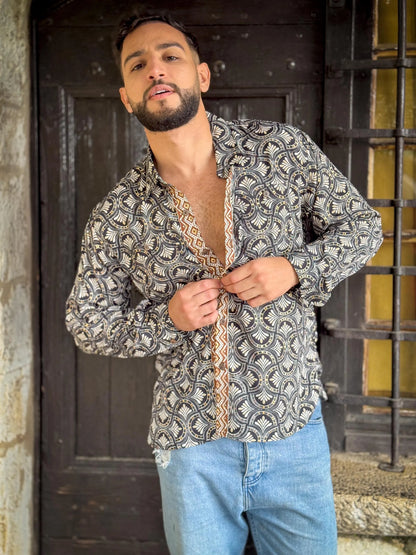 Retro Large French Collar Silk Shirt - Long Sleeve Shirt - Boho Chic Shirt, Vintage Shirt, Men’s Chic Shirt