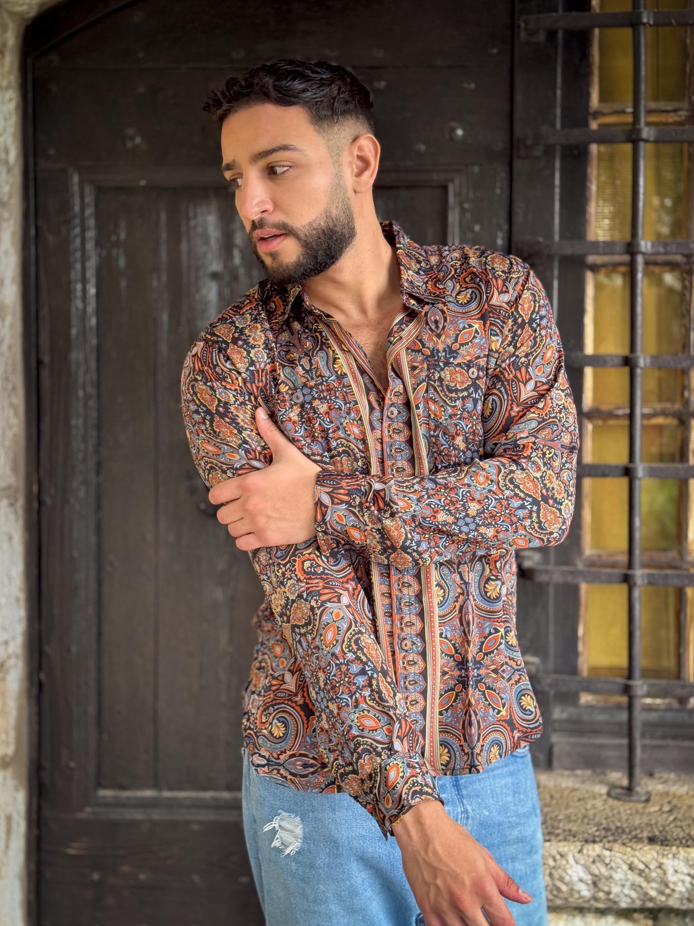Retro Large French Collar Silk Shirt - Long Sleeve Shirt - Boho Chic Shirt, Vintage Shirt, Men’s Chic Shirt