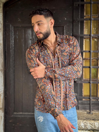 Retro Large French Collar Silk Shirt - Long Sleeve Shirt - Boho Chic Shirt, Vintage Shirt, Men’s Chic Shirt