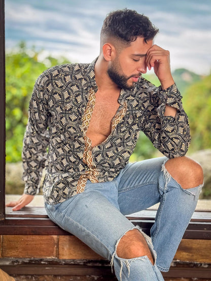 Retro Large French Collar Silk Shirt - Long Sleeve Shirt - Boho Chic Shirt, Vintage Shirt, Men’s Chic Shirt