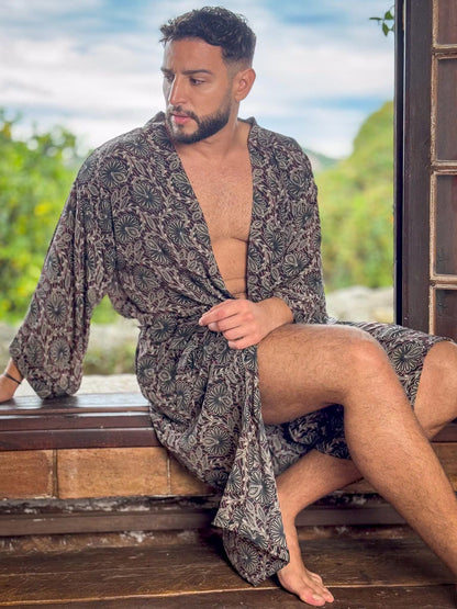 Silk boho men's kimono, kimono for him, silk bathrobe, dressing gown, gift for him