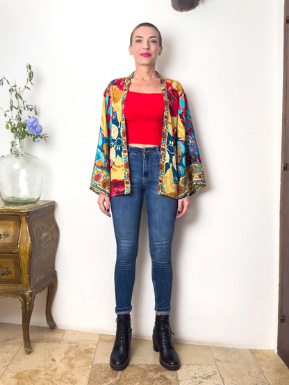 Veste kimono en soie, veste cardigan, kimono vintage, veste bohème, cadeau de Noël, cadeau pour elle.
