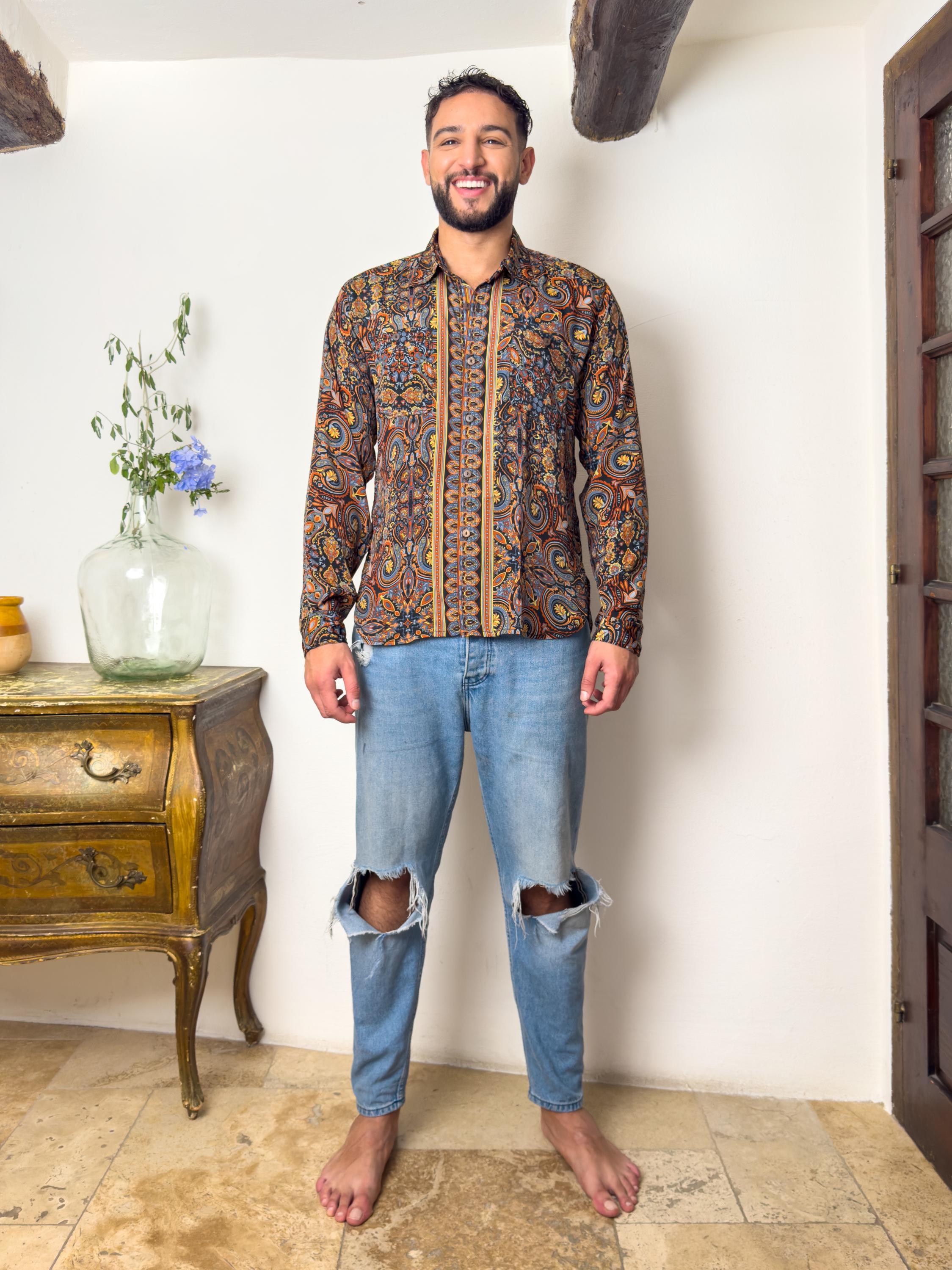 Retro Large French Collar Silk Shirt - Long Sleeve Shirt - Boho Chic Shirt, Vintage Shirt, Men’s Chic Shirt