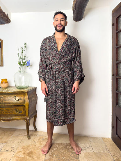 Silk boho men's kimono, kimono for him, silk bathrobe, dressing gown, gift for him