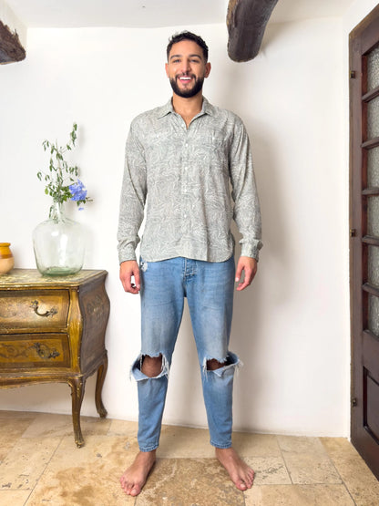 Retro Large French Collar Silk Shirt - Long Sleeve Shirt - Boho Chic Shirt, Vintage Shirt, Men’s Chic Shirt