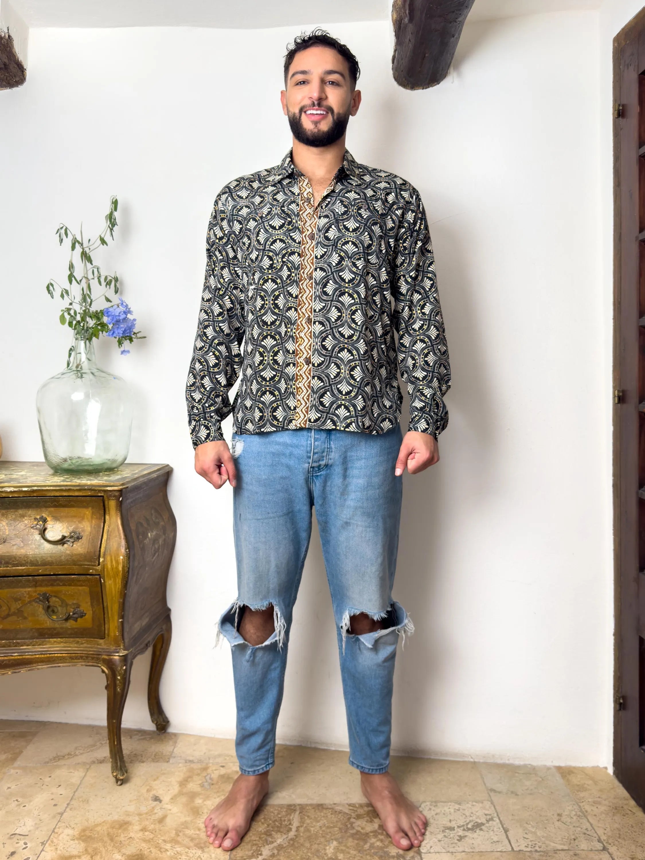 Retro Large French Collar Silk Shirt - Long Sleeve Shirt - Boho Chic Shirt, Vintage Shirt, Men’s Chic Shirt