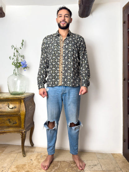 Retro Large French Collar Silk Shirt - Long Sleeve Shirt - Boho Chic Shirt, Vintage Shirt, Men’s Chic Shirt