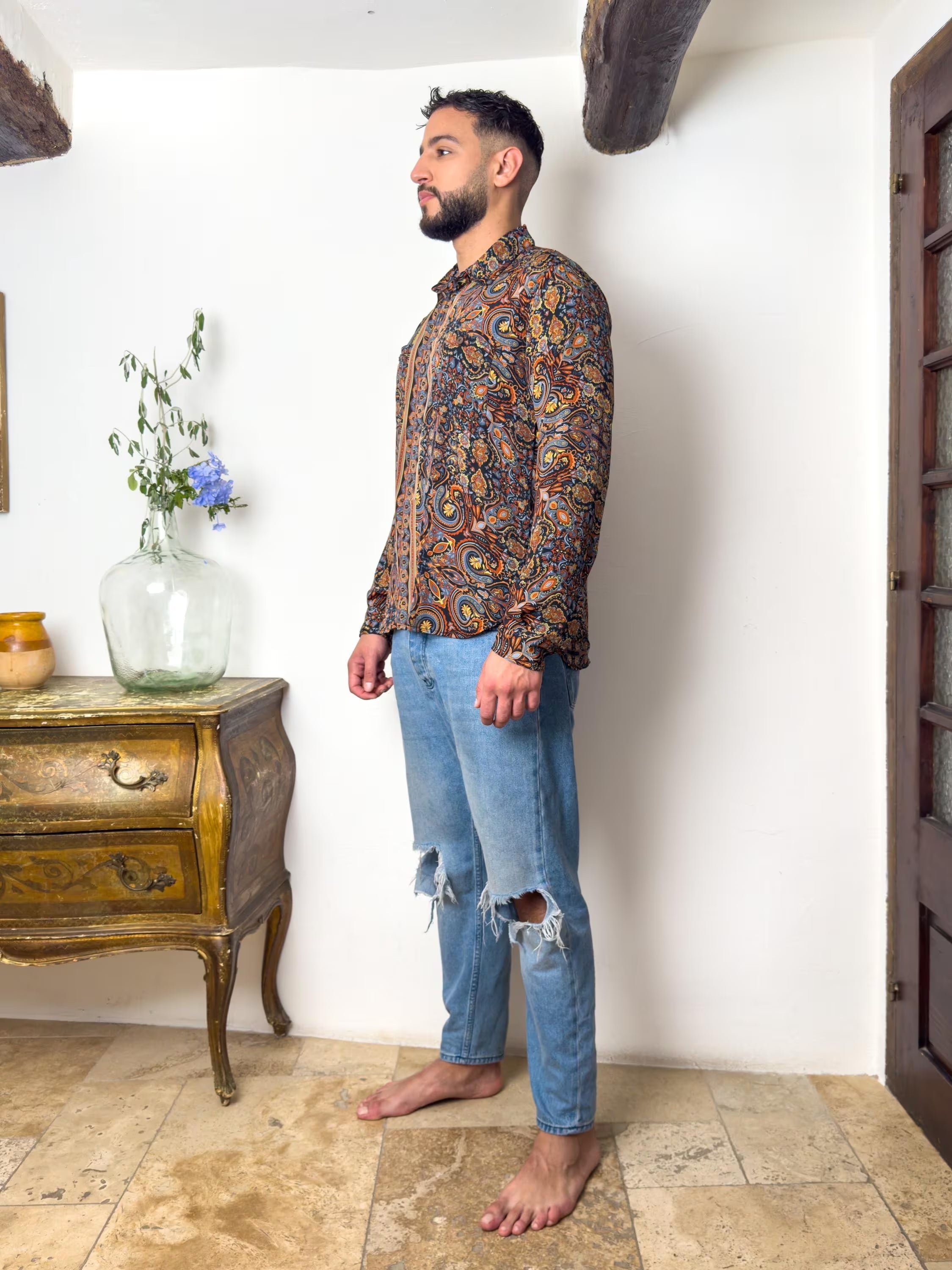 Retro Large French Collar Silk Shirt - Long Sleeve Shirt - Boho Chic Shirt, Vintage Shirt, Men’s Chic Shirt