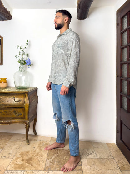 Retro Large French Collar Silk Shirt - Long Sleeve Shirt - Boho Chic Shirt, Vintage Shirt, Men’s Chic Shirt