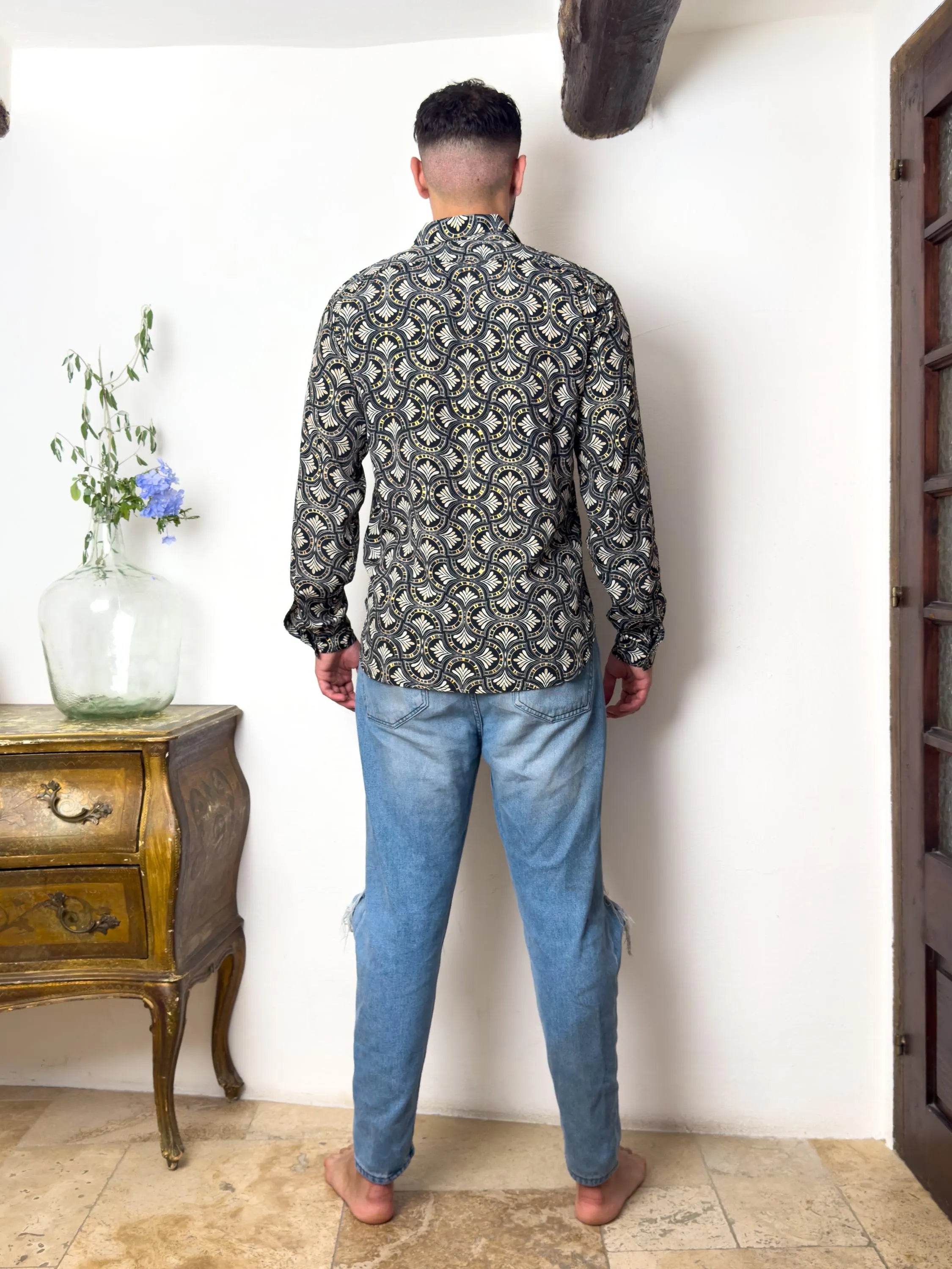 Retro Large French Collar Silk Shirt - Long Sleeve Shirt - Boho Chic Shirt, Vintage Shirt, Men’s Chic Shirt