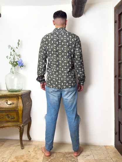 Retro Large French Collar Silk Shirt - Long Sleeve Shirt - Boho Chic Shirt, Vintage Shirt, Men’s Chic Shirt
