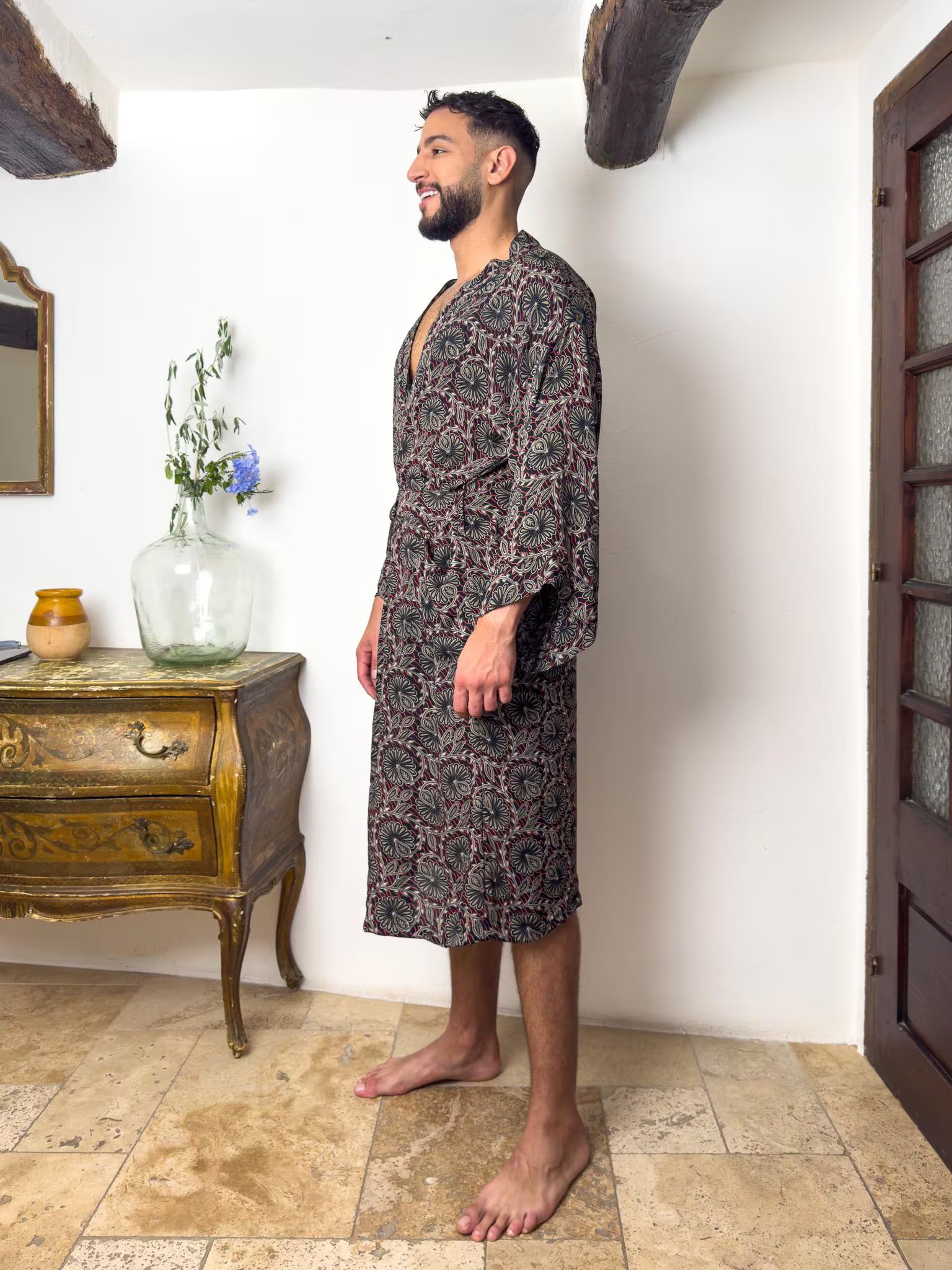 Silk boho men's kimono, kimono for him, silk bathrobe, dressing gown, gift for him