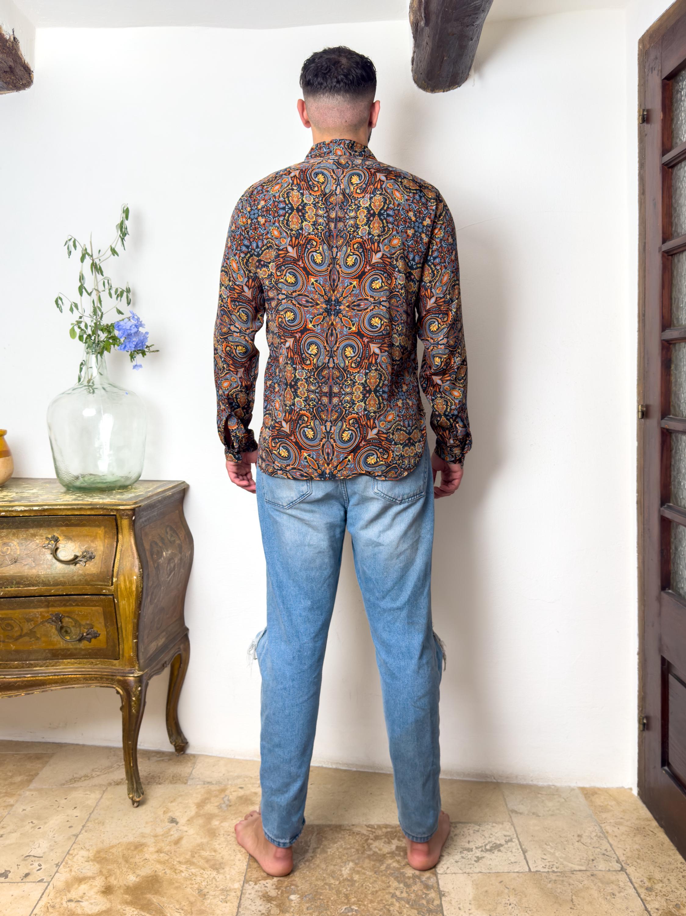 Retro Large French Collar Silk Shirt - Long Sleeve Shirt - Boho Chic Shirt, Vintage Shirt, Men’s Chic Shirt