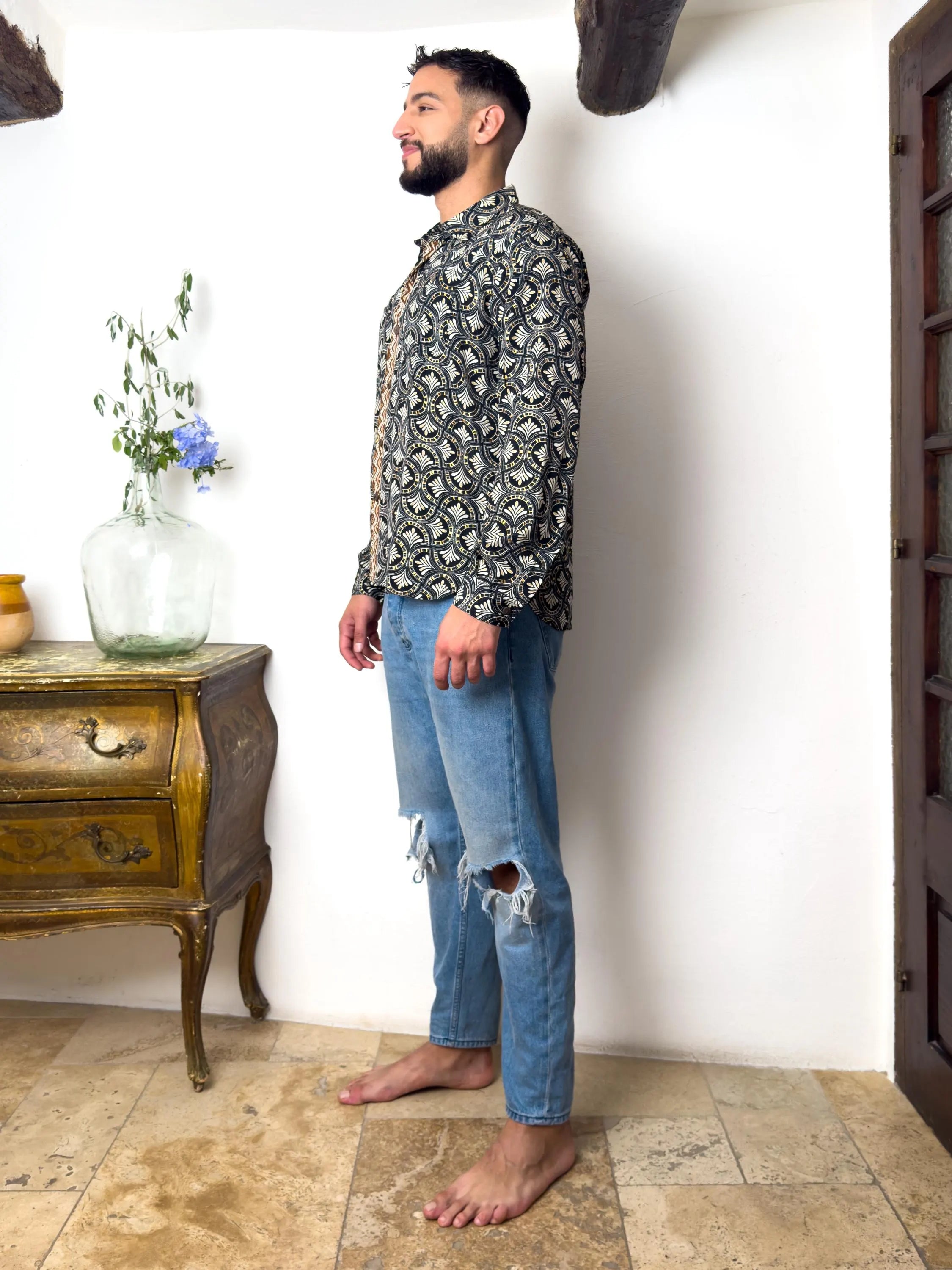 Retro Large French Collar Silk Shirt - Long Sleeve Shirt - Boho Chic Shirt, Vintage Shirt, Men’s Chic Shirt