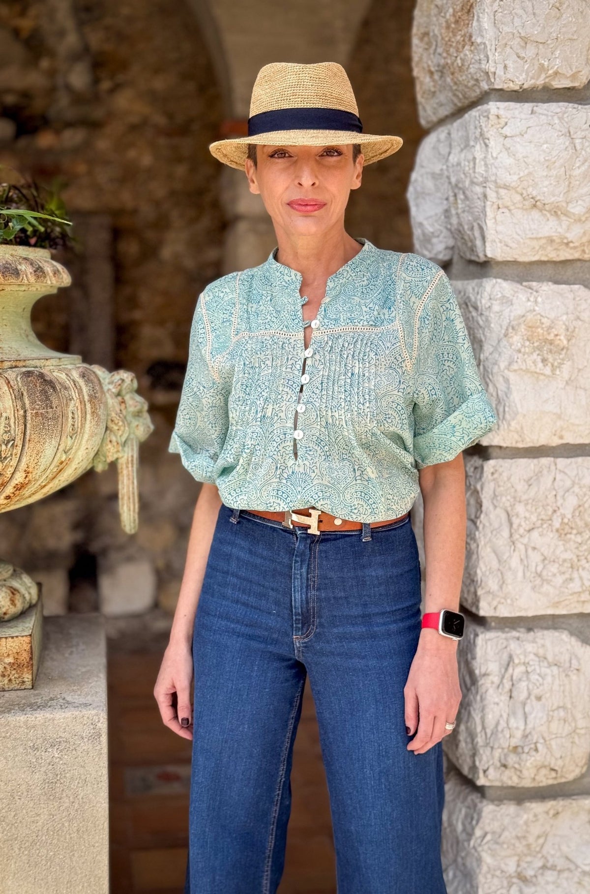 Women’s Cotton Block Print Blouse – Tunisian Collar, Short Sleeves, Flowy Fit