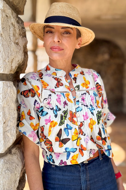 Women’s Cotton Block Print Blouse – Tunisian Collar, Short Sleeves, Flowy Fit