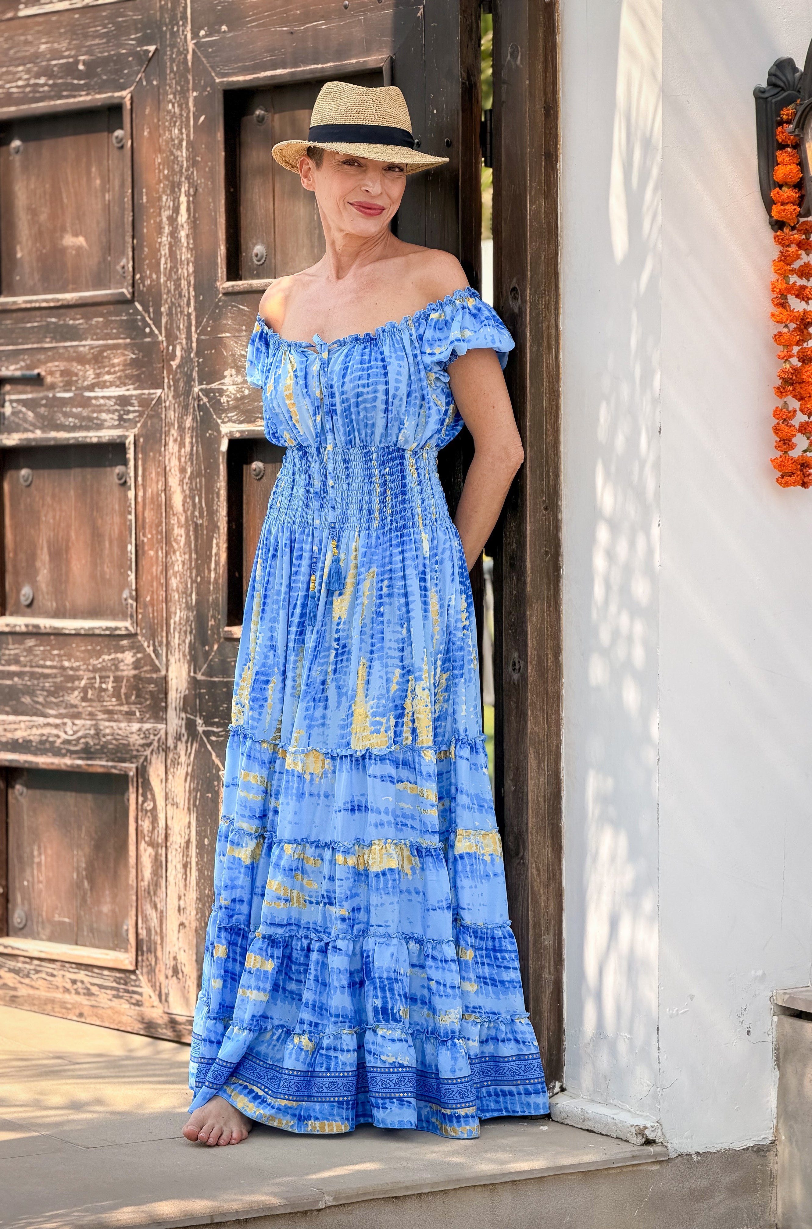 Boho long ruffled silk dress, off-shoulder neckline