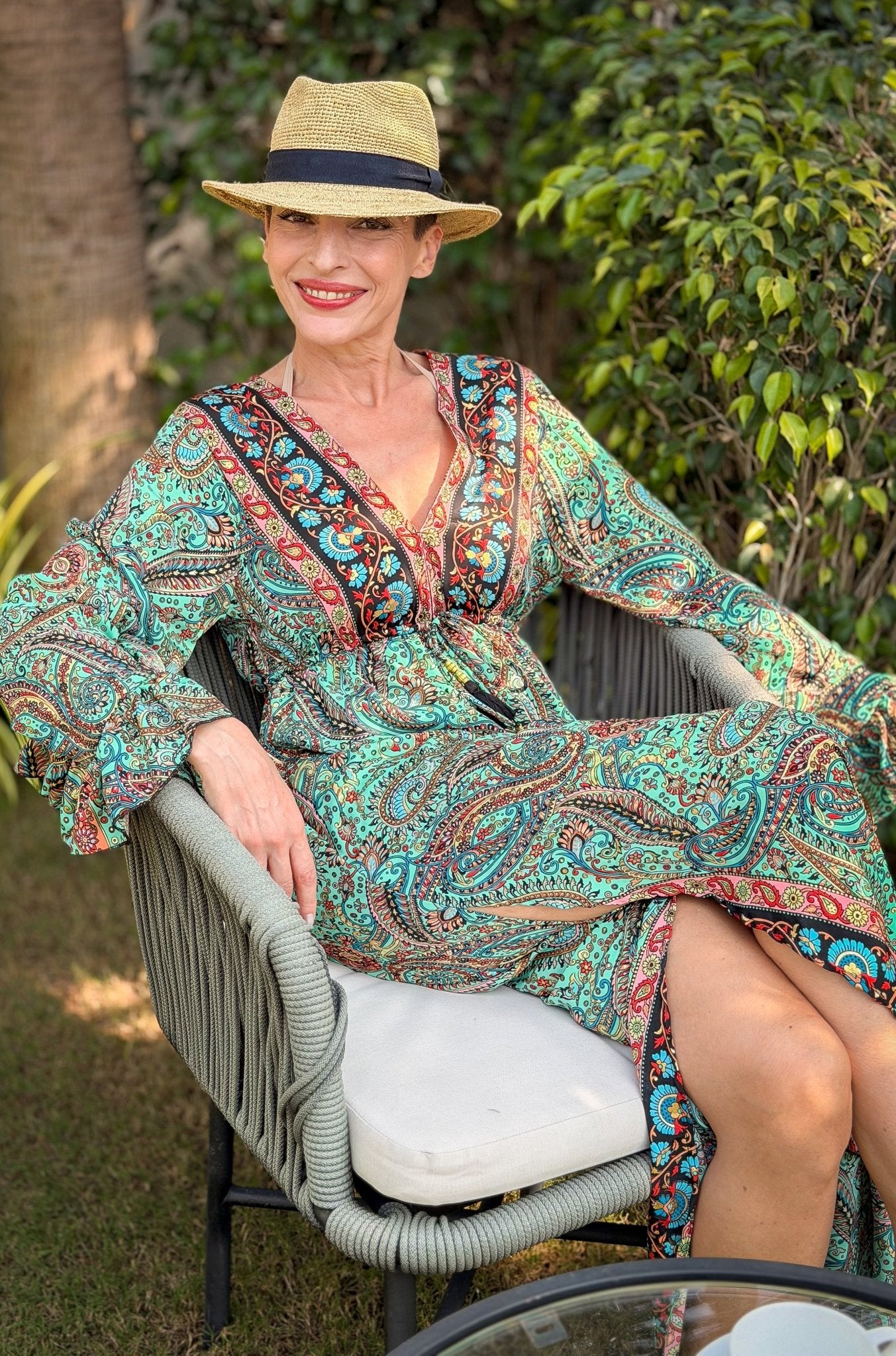 Long Bohemian Silk Dress – V-neck & Flared Sleeves