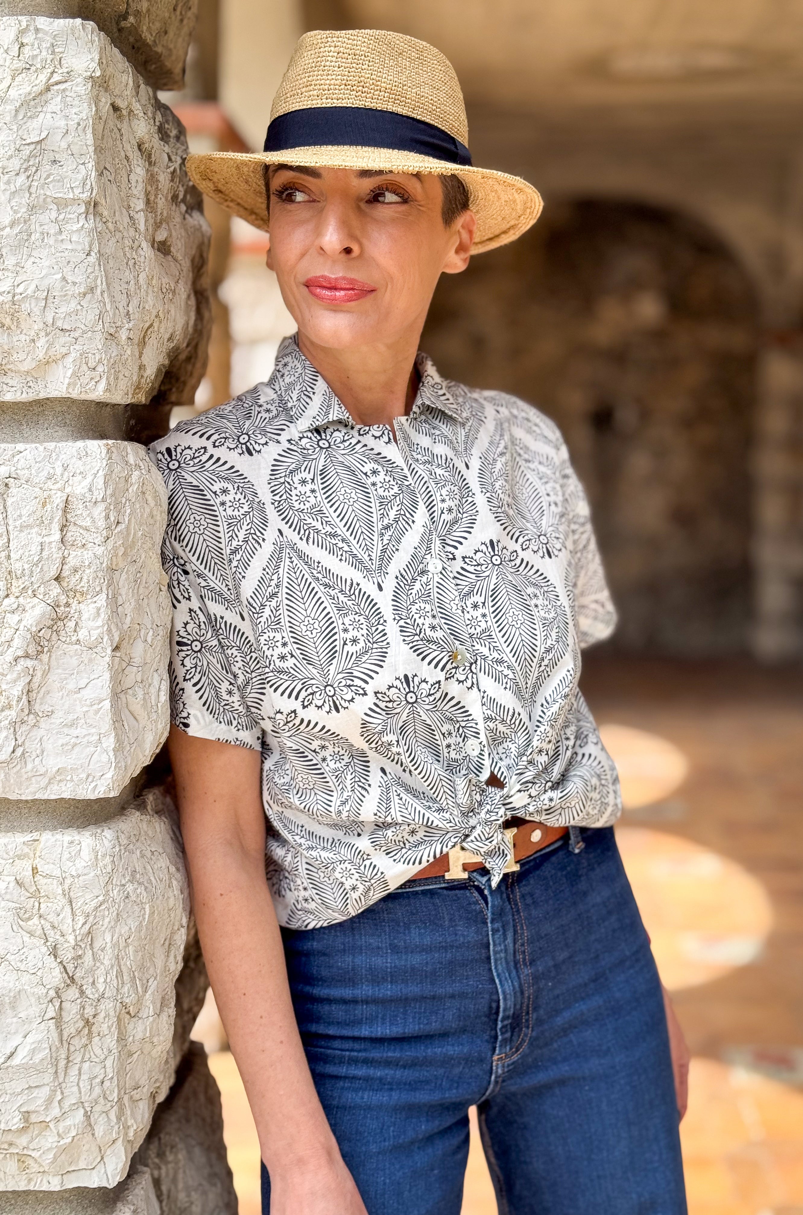 Women’s Cotton Block Print Blouse – 3/4 Sleeves, Coconut Buttons, Relaxed Fit