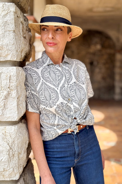 Women’s Cotton Block Print Blouse – 3/4 Sleeves, Coconut Buttons, Relaxed Fit