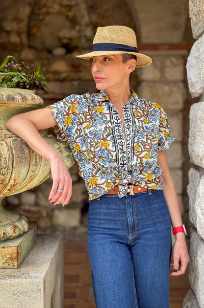 Women’s Cotton Block Print Blouse – 3/4 Sleeves, Coconut Buttons, Relaxed Fit