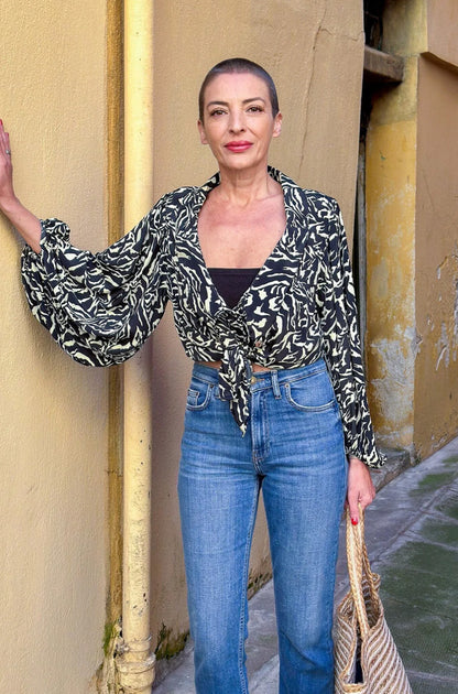 Vintage silk blouse with balloon sleeves, oversized collar, maxi low-cut blouse, long-sleeved blouse