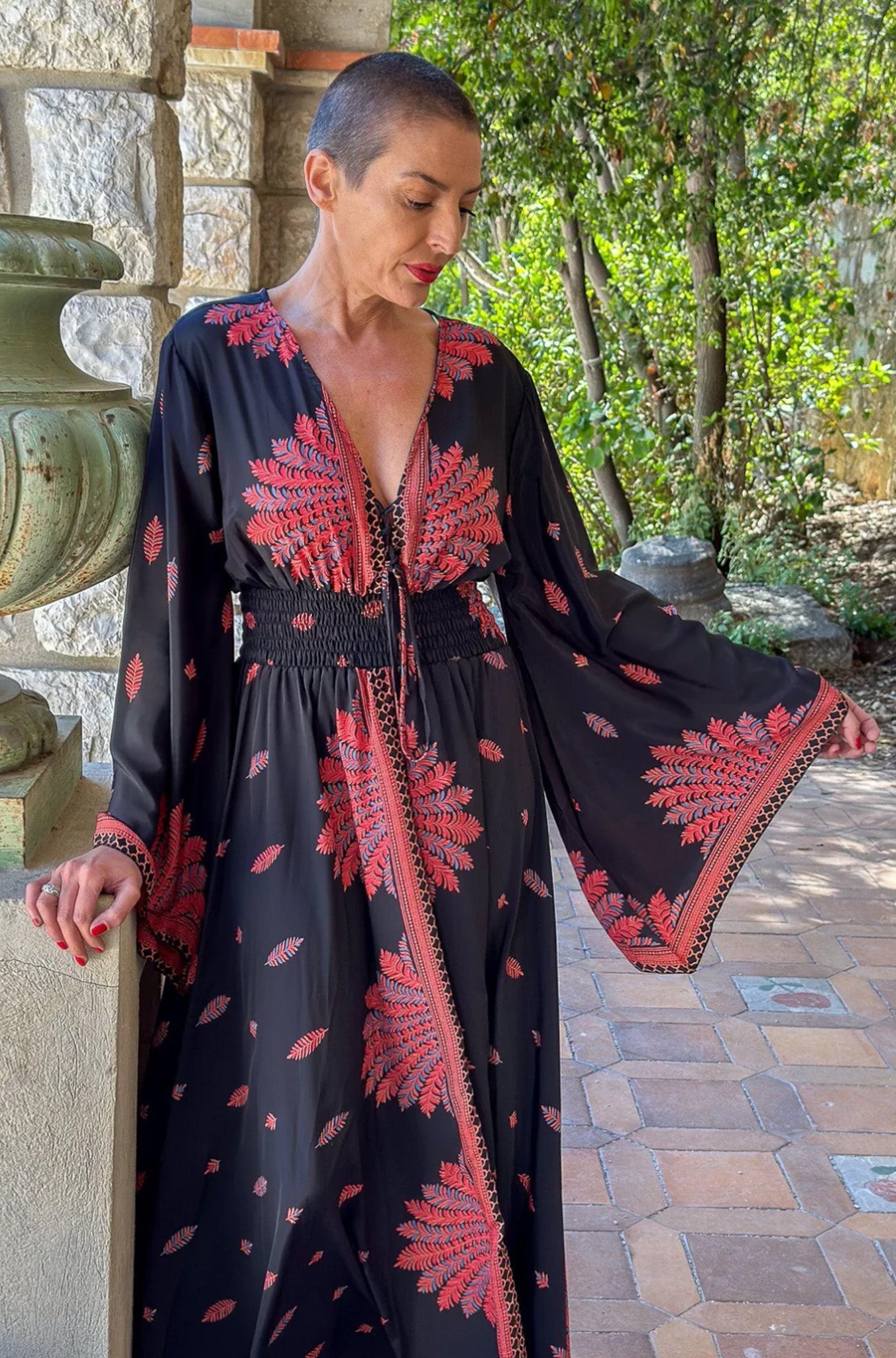 Long boho silk dress, vintage silk dress, plunging neckline dress, shirring dress, bohemian gypsy dress, flared sleeve dress, summer dress