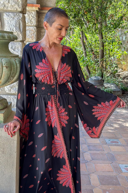 Long boho silk dress, vintage silk dress, plunging neckline dress, shirring dress, bohemian gypsy dress, flared sleeve dress, summer dress