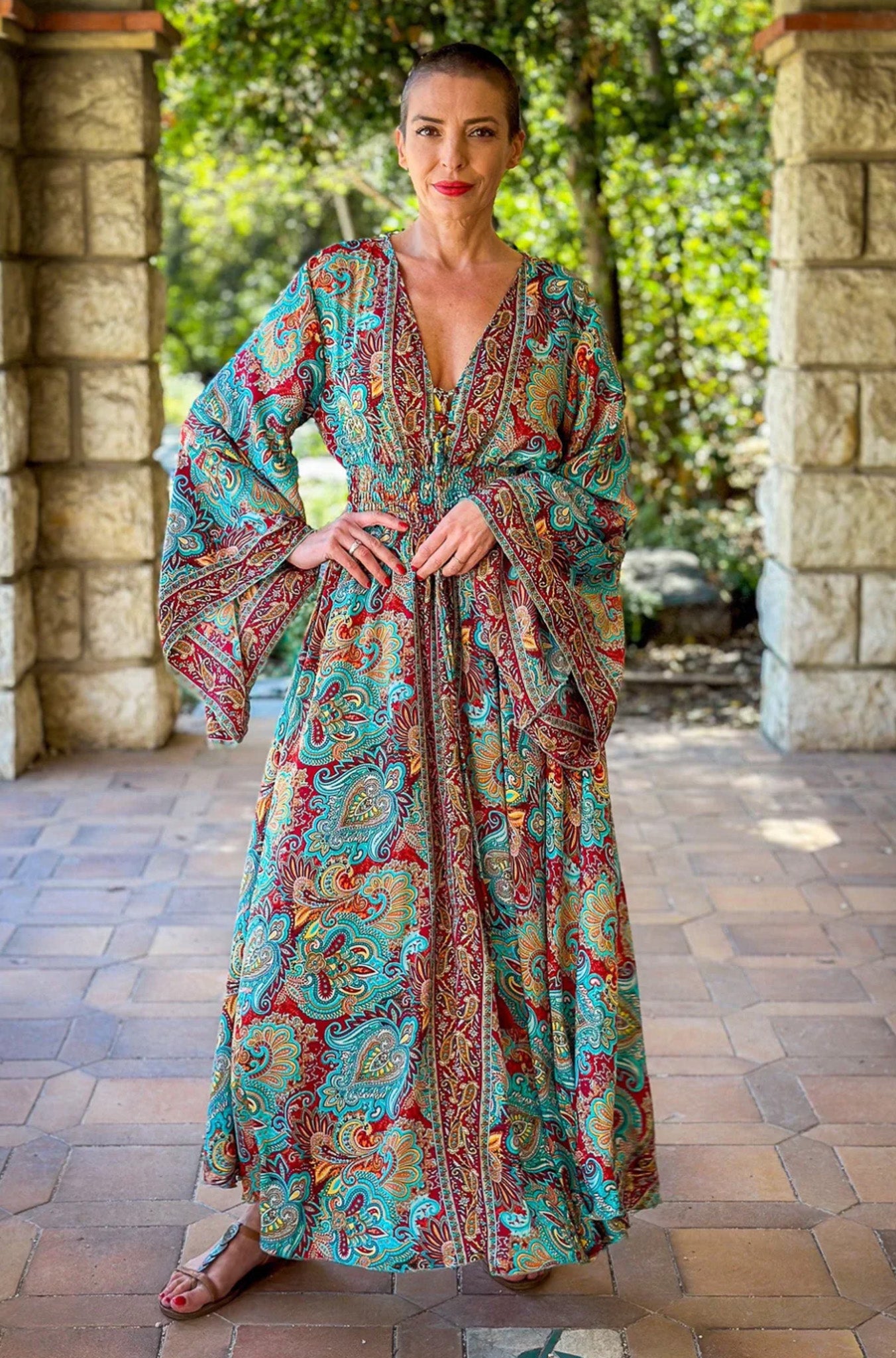 Long boho silk dress, vintage silk dress, plunging neckline dress, shirring dress, bohemian gypsy dress, flared sleeve dress, summer dress