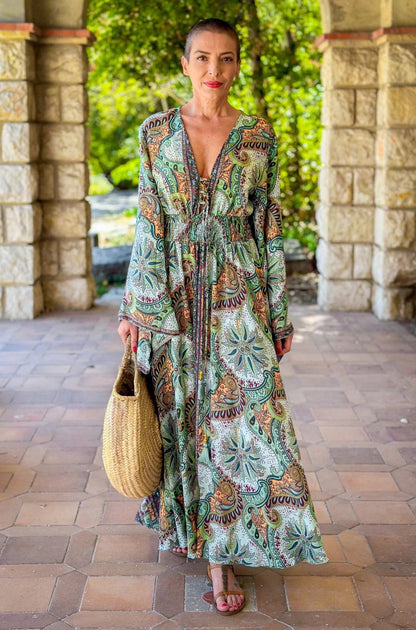 Long boho silk dress, vintage silk dress, plunging neckline dress, shirring dress, bohemian gypsy dress, flared sleeve dress, summer dress