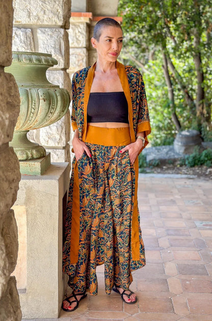 Silk kimono and palazzo pants set, seventies style kimono, casual chic silk set, wide leg silk pants