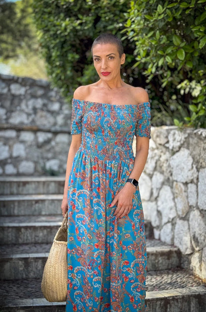 Bohemian silk dress / Silk smocked dress / Off the shoulder dress / summer dress / short sleeve dress