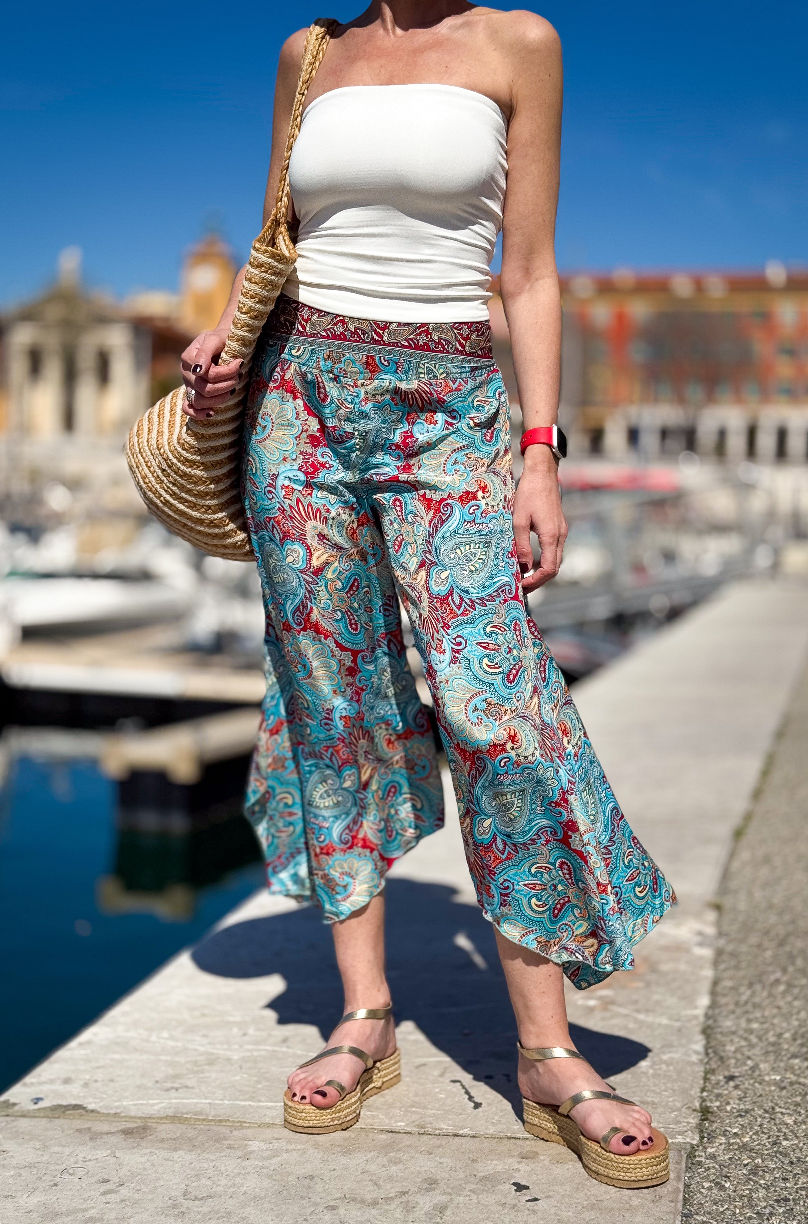 Pantalon court en soie fluide femme – Pantalon Style bohème chic – Pantalon bohème – Pantalon Coupe évasée – Pantalon vintage