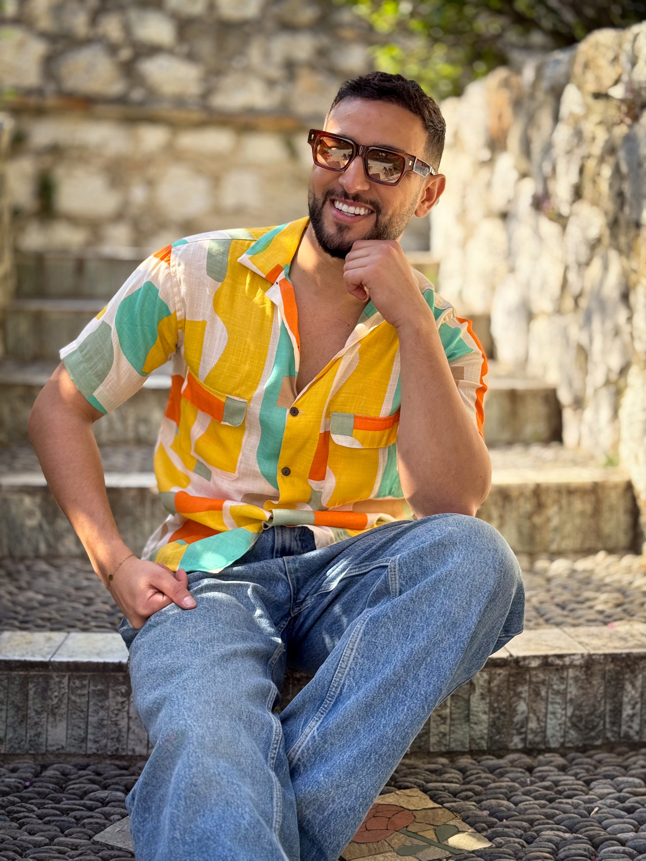 Men’s Vintage short sleeves Shirt – Cuban Collar, Coconut Buttons & Retro Charm – Gift for Him