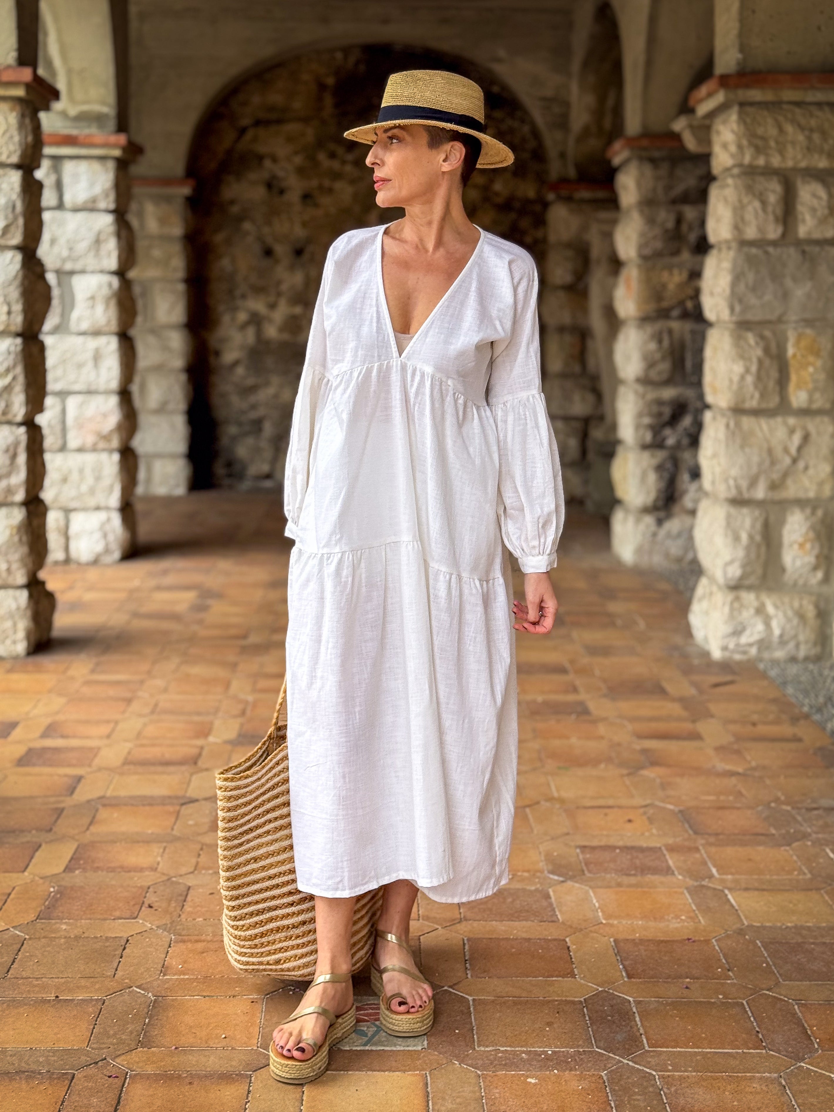 Boho Summer Maxi Dress in Linen – Loose Fit, Puff Sleeves