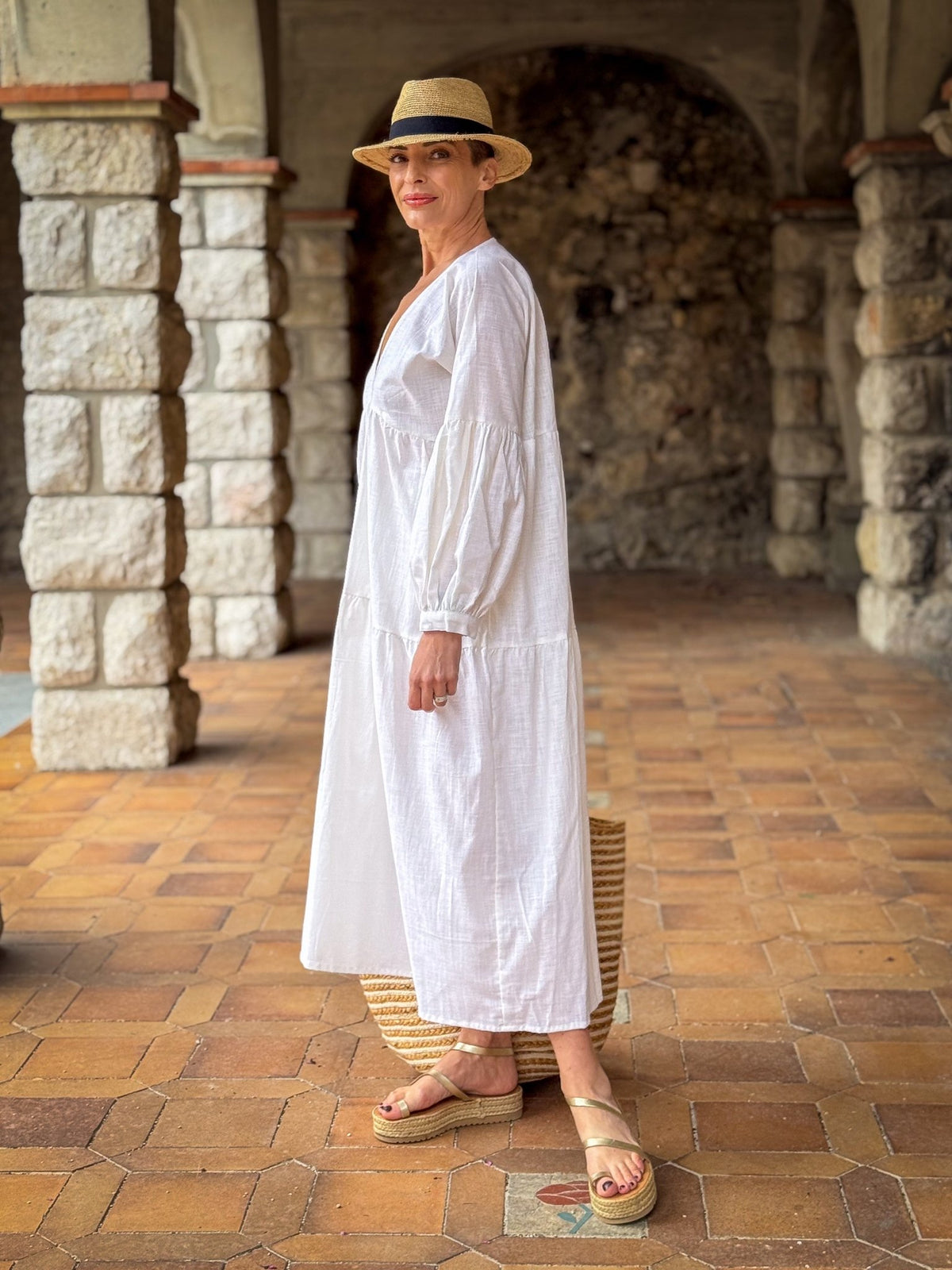 Boho Summer Maxi Dress in Linen – Loose Fit, Puff Sleeves