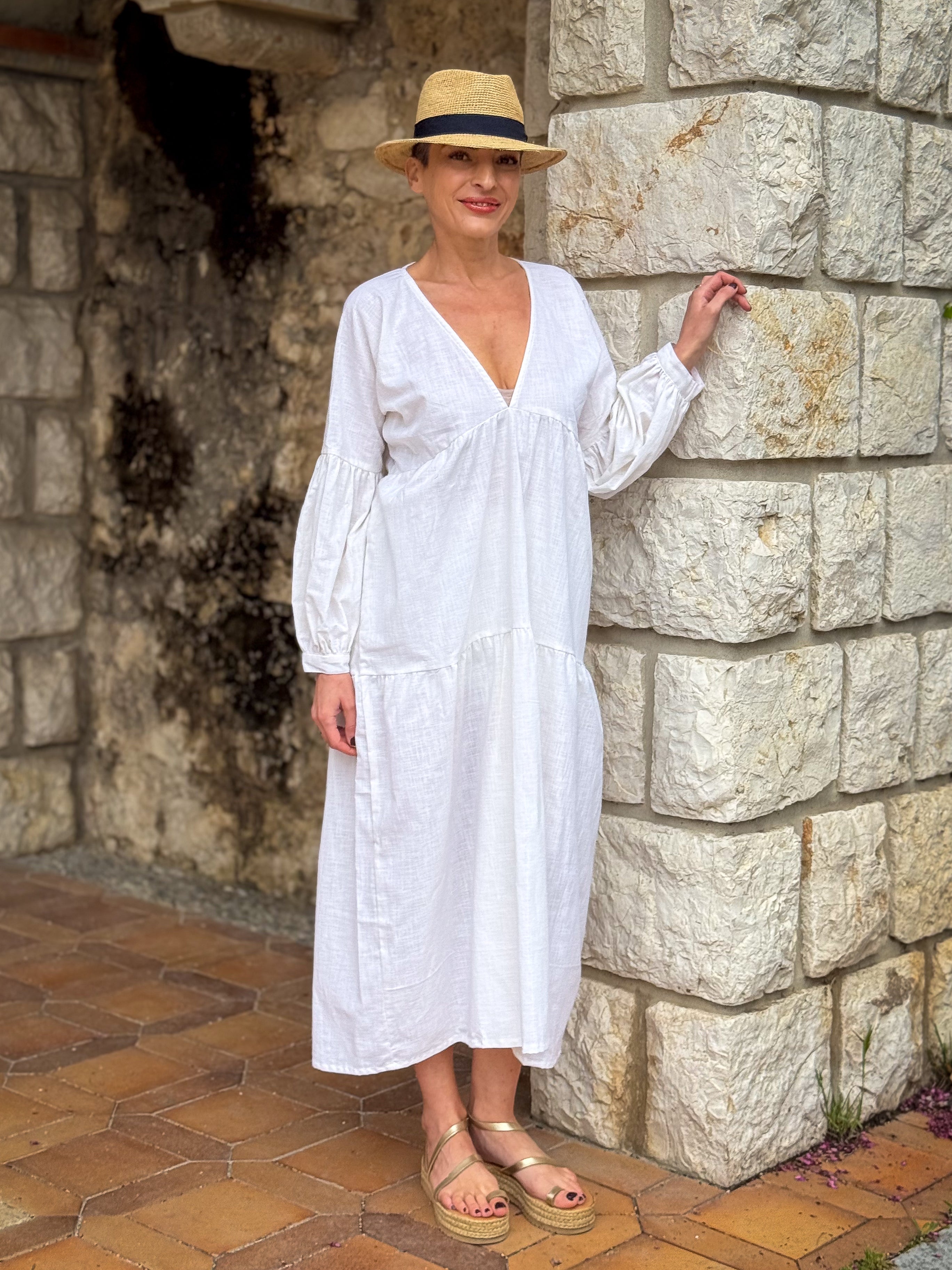 Boho Summer Maxi Dress in Linen – Loose Fit, Puff Sleeves