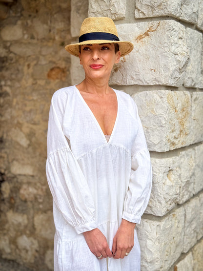 Boho Summer Maxi Dress in Linen – Loose Fit, Puff Sleeves