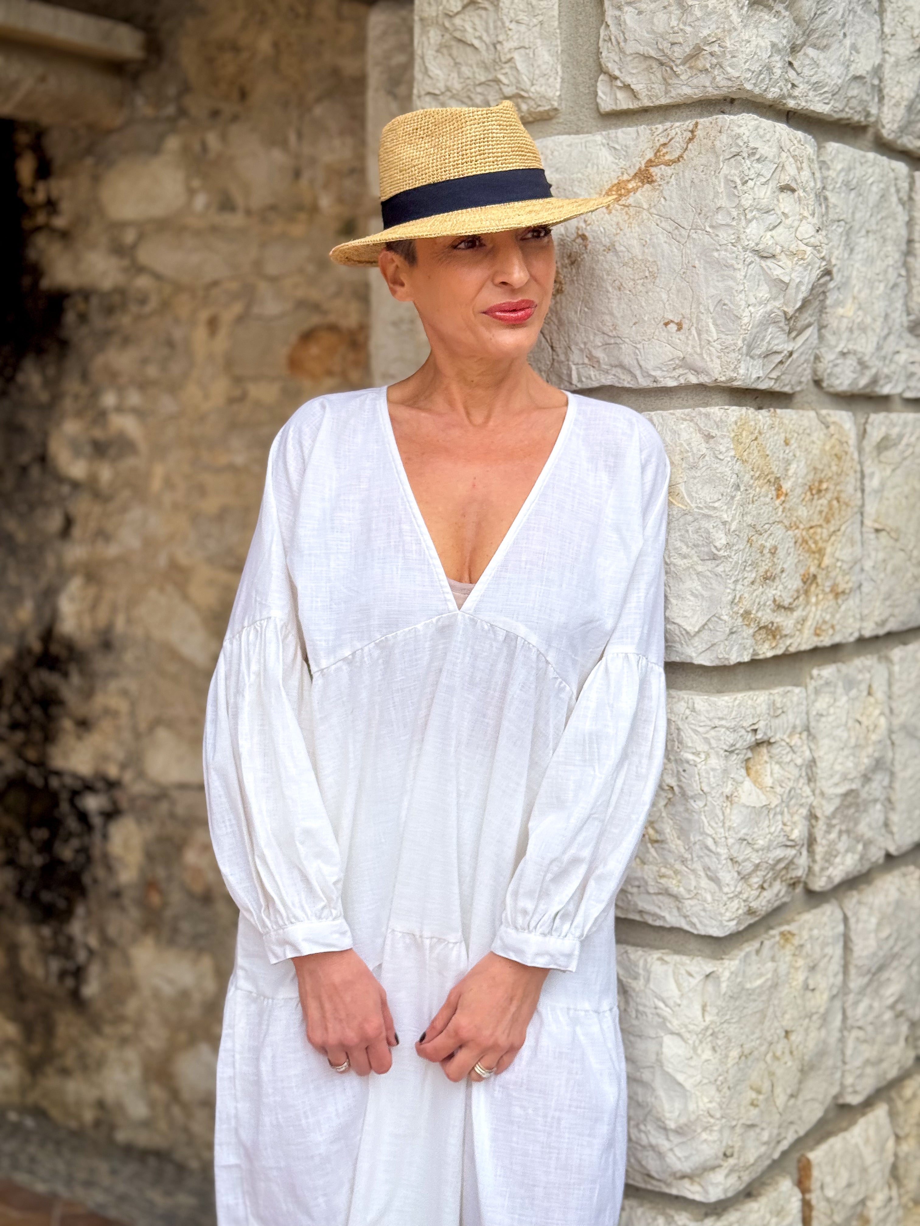 Boho Summer Maxi Dress in Linen – Loose Fit, Puff Sleeves