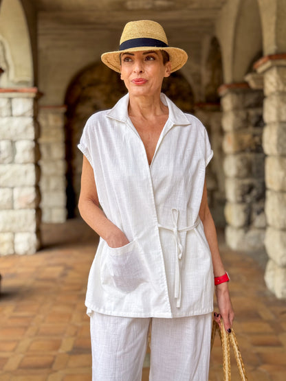 White Linen Kimono & Pants Set – Natural Elegance and Artisanal Comfort