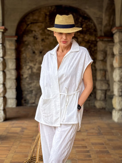 White Linen Kimono & Pants Set – Natural Elegance and Artisanal Comfort