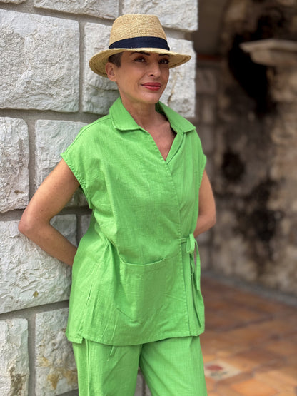 Green Linen Kimono & Pants Set – Natural Elegance and Artisanal Comfort