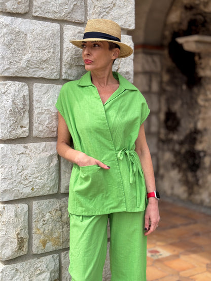 Green Linen Kimono & Pants Set – Natural Elegance and Artisanal Comfort