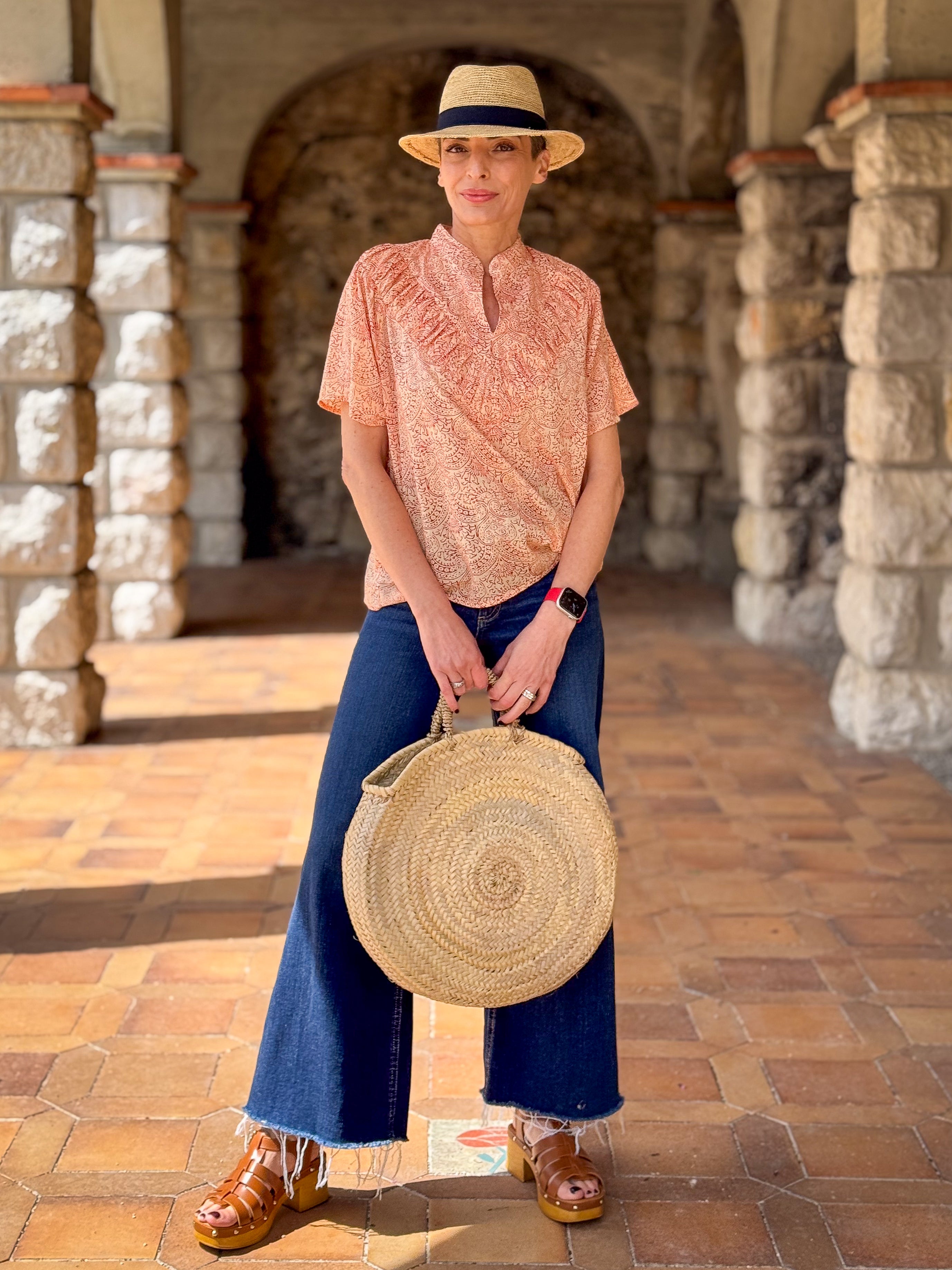 Women’s Cotton Block Print Blouse – Tunisian Collar, Short Sleeves, Flowy Fit