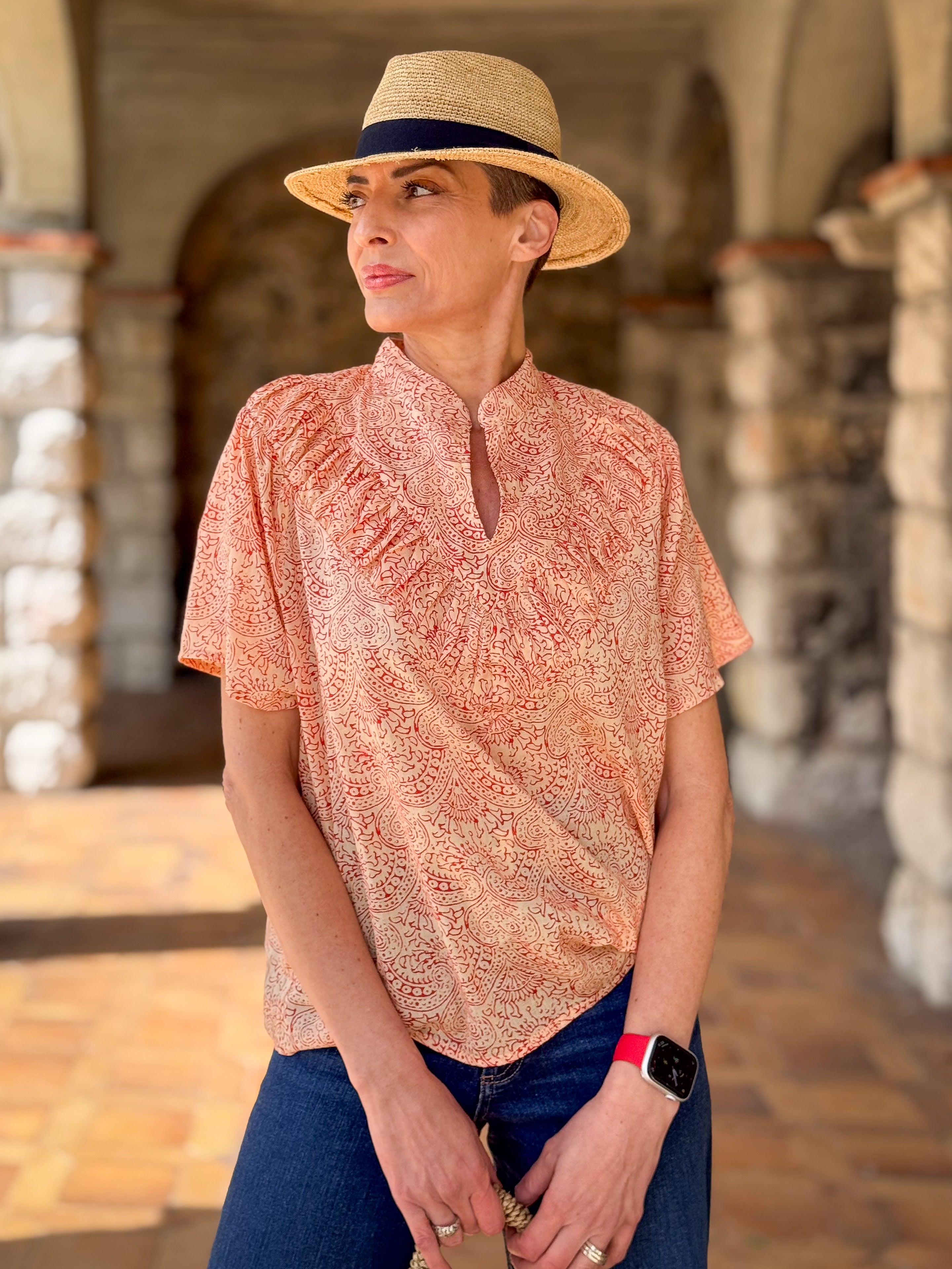 Women’s Cotton Block Print Blouse – Tunisian Collar, Short Sleeves, Flowy Fit