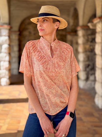 Women’s Cotton Block Print Blouse – Tunisian Collar, Short Sleeves, Flowy Fit